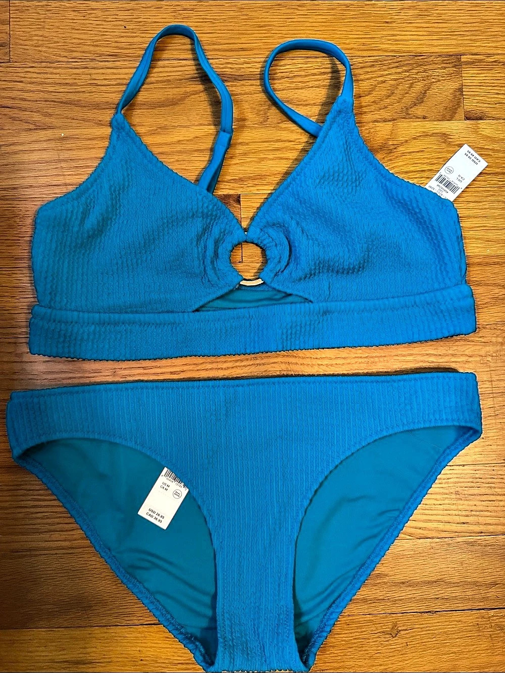 Aerie Crinkle Ring Wide Strap Scoop Bikini Top and Matching Bottom Set Blue